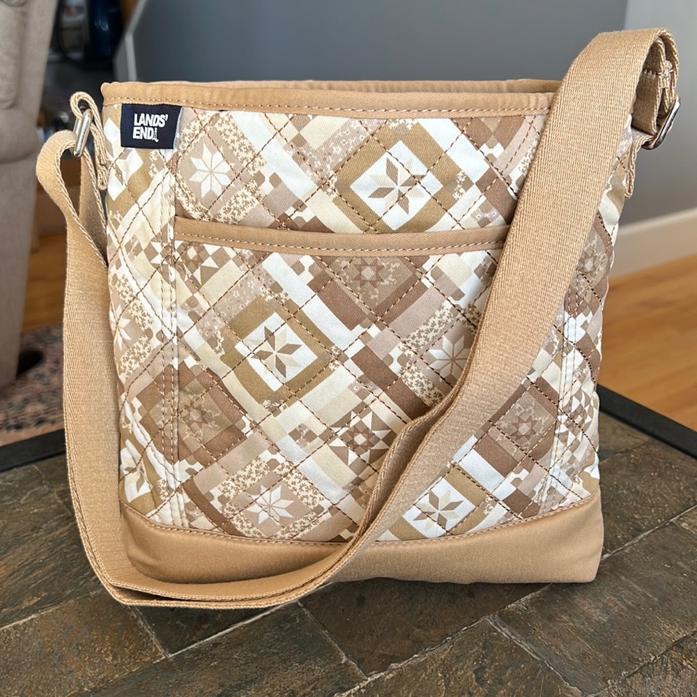 Lands' End Ivory & Brown Patchwork Shoulder or Crossbody Bag - NEW